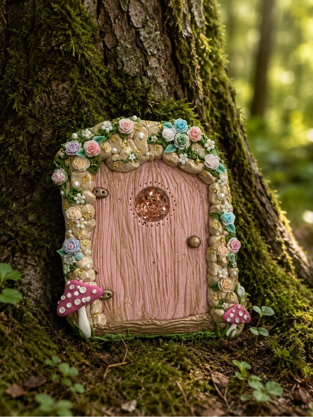 Whimsical Pink Fairy Door with Floral accents indoor or outdoor decor 5”
